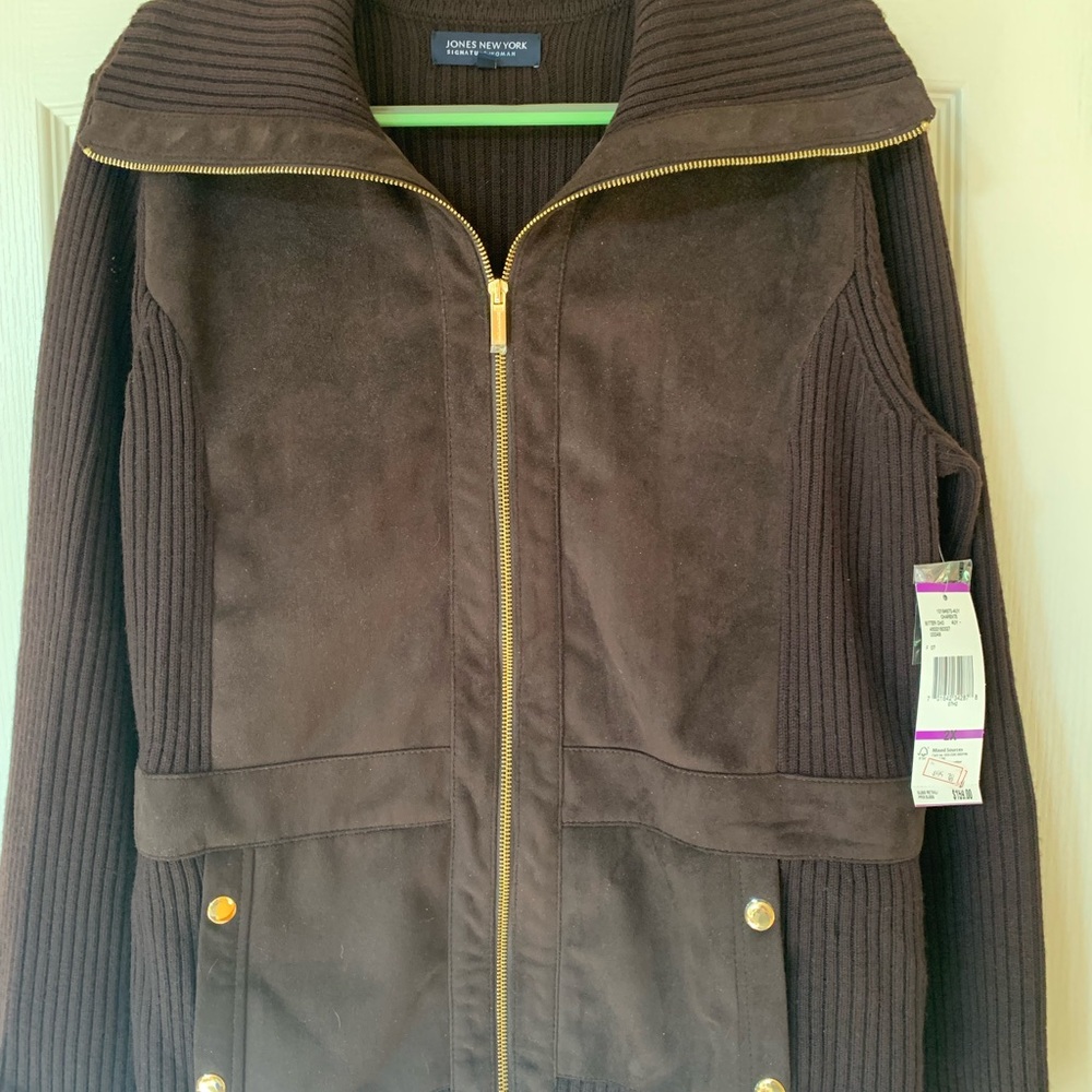 Jones New York Brown Utility Jacket with Cozy Collar and Gold Zipper